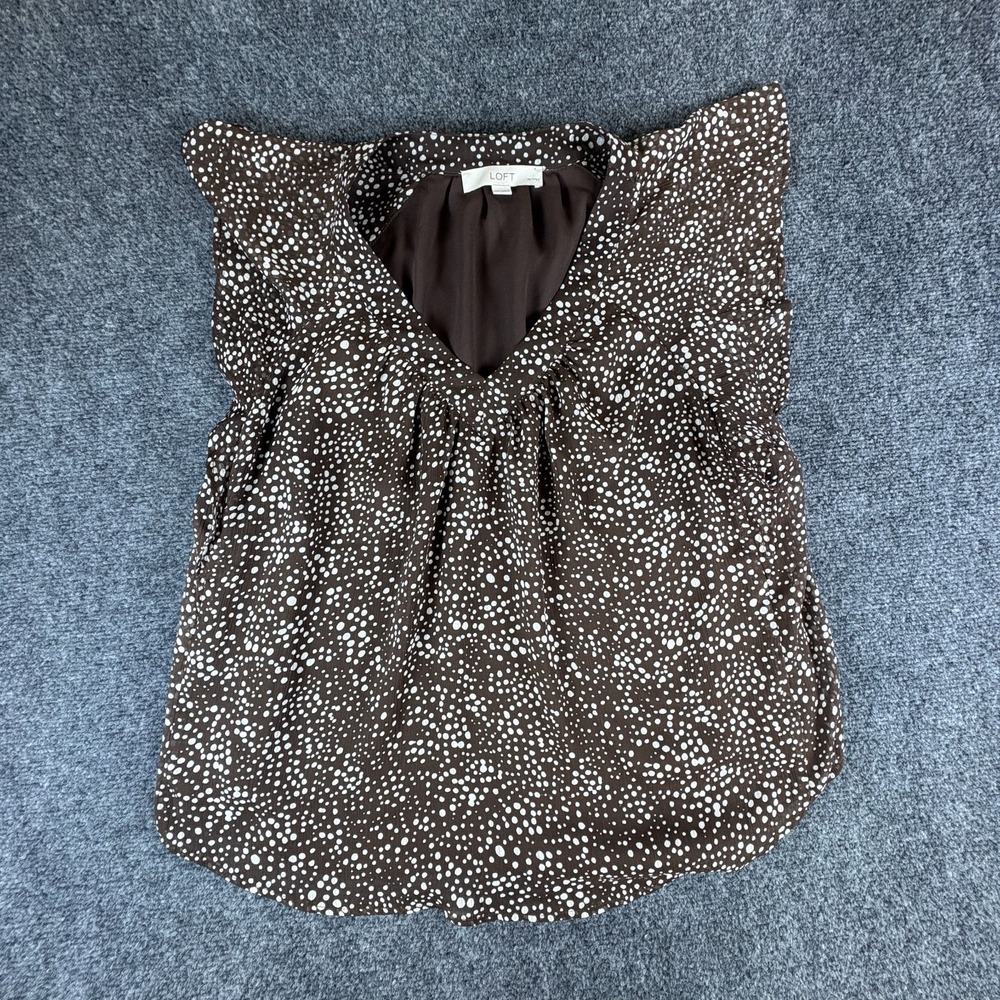 Loft Blouse Top Womens Large Petites Brown White Polka Dot V Neck Flutter Sleeve